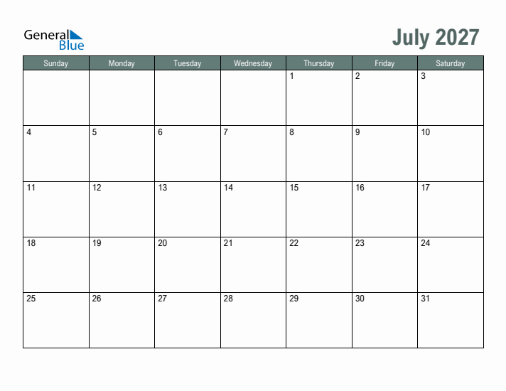 Free Printable July 2027 Calendar