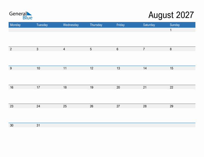 Fillable Calendar for August 2027