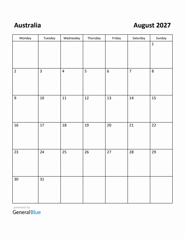 August 2027 Calendar with Australia Holidays