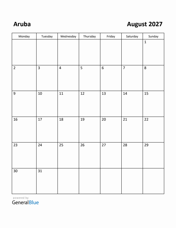 August 2027 Calendar with Aruba Holidays