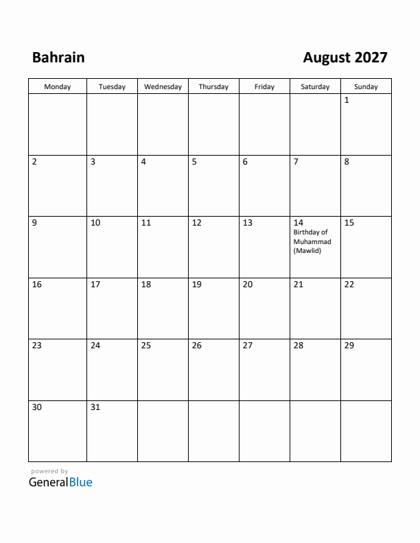 August 2027 Calendar with Bahrain Holidays
