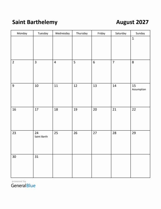 August 2027 Calendar with Saint Barthelemy Holidays