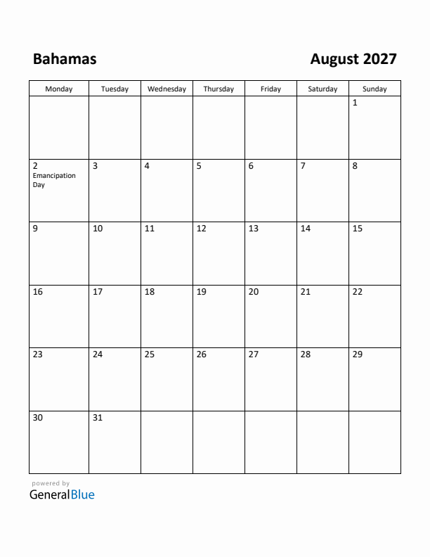 August 2027 Calendar with Bahamas Holidays
