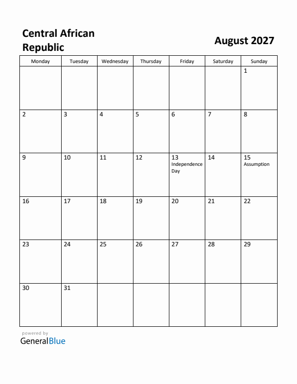 August 2027 Calendar with Central African Republic Holidays