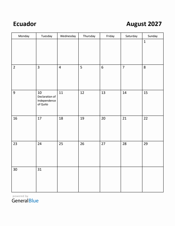 August 2027 Calendar with Ecuador Holidays
