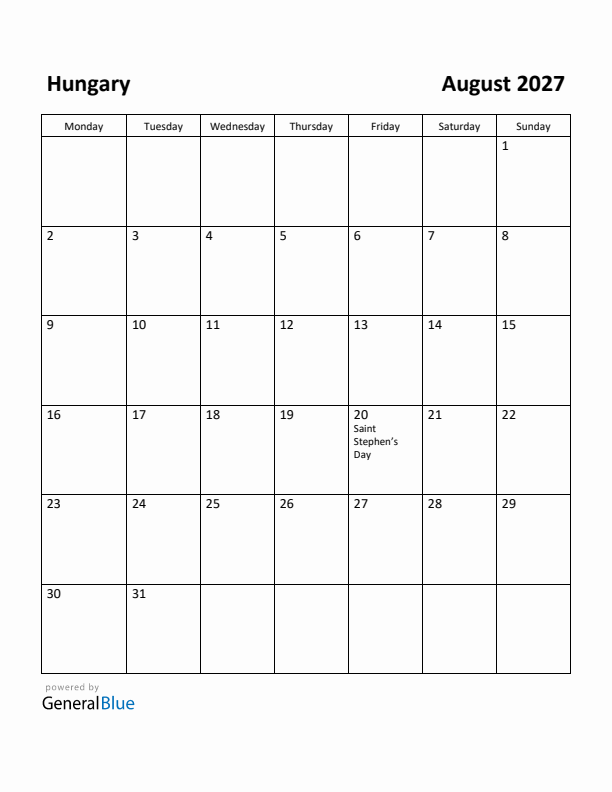 August 2027 Calendar with Hungary Holidays