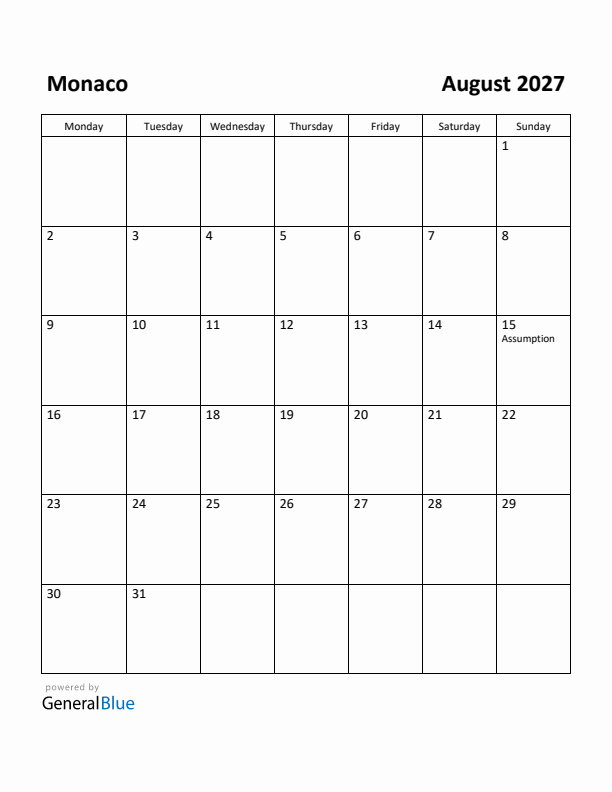August 2027 Calendar with Monaco Holidays