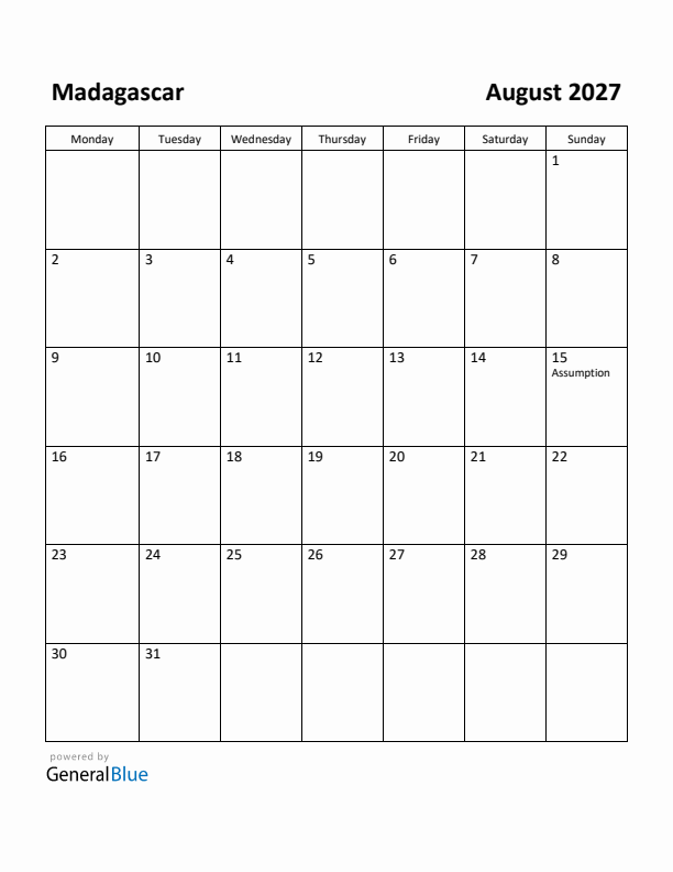 August 2027 Calendar with Madagascar Holidays