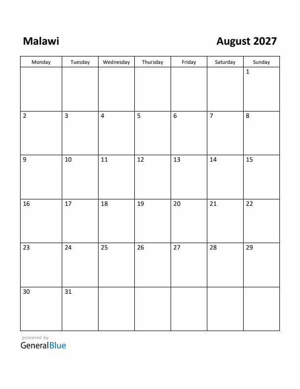 August 2027 Calendar with Malawi Holidays