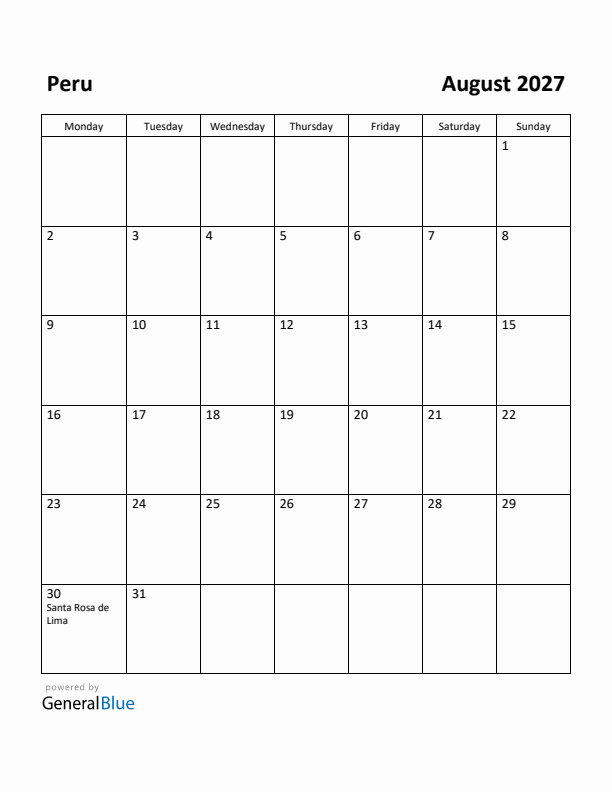 August 2027 Calendar with Peru Holidays