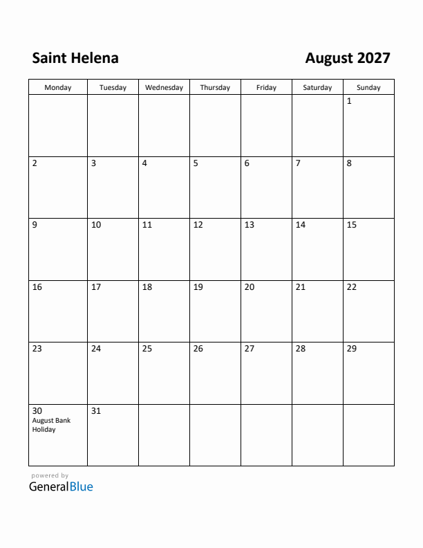 August 2027 Calendar with Saint Helena Holidays