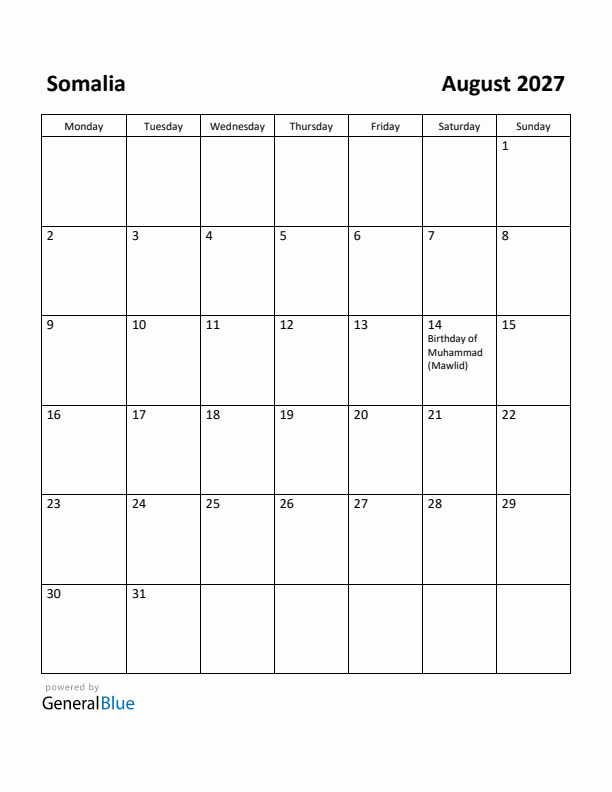 August 2027 Calendar with Somalia Holidays