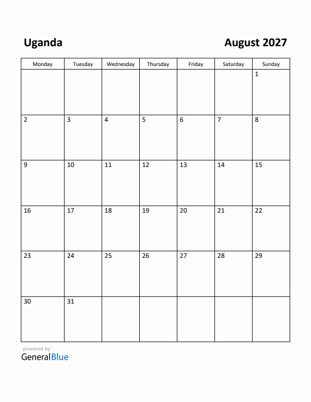 August 2027 Calendar with Uganda Holidays
