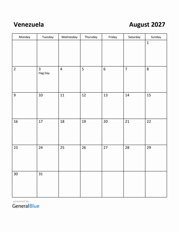 August 2027 Calendar with Venezuela Holidays