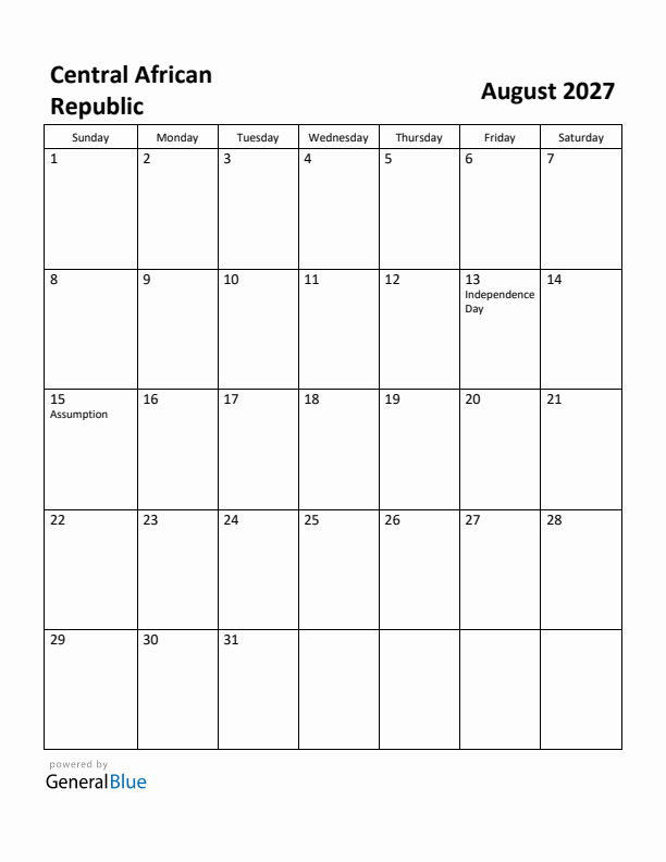 August 2027 Calendar with Central African Republic Holidays
