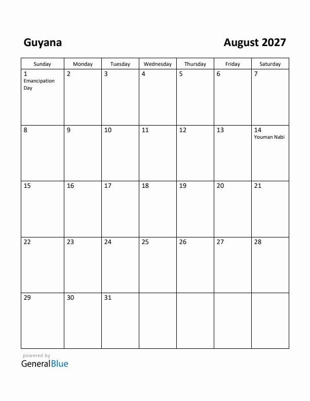 August 2027 Calendar with Guyana Holidays