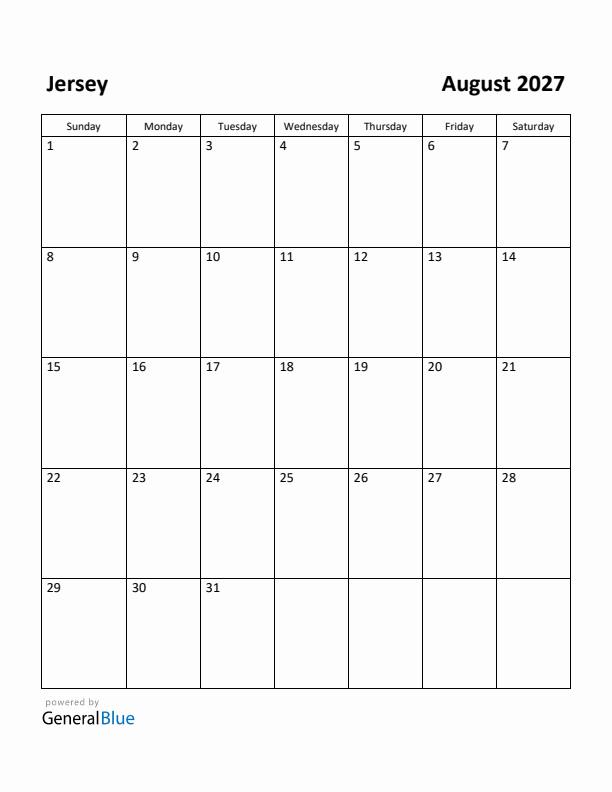 August 2027 Calendar with Jersey Holidays