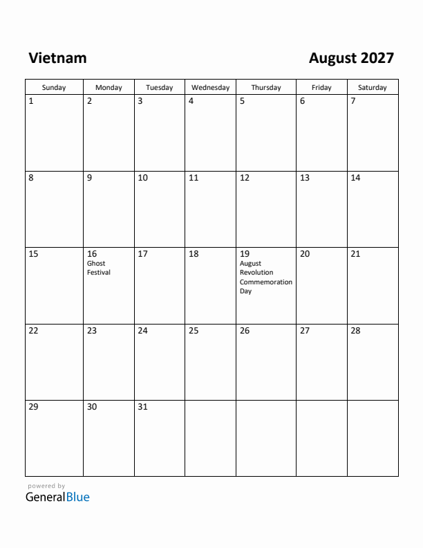 August 2027 Calendar with Vietnam Holidays