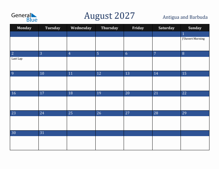 August 2027 Antigua and Barbuda Calendar (Monday Start)