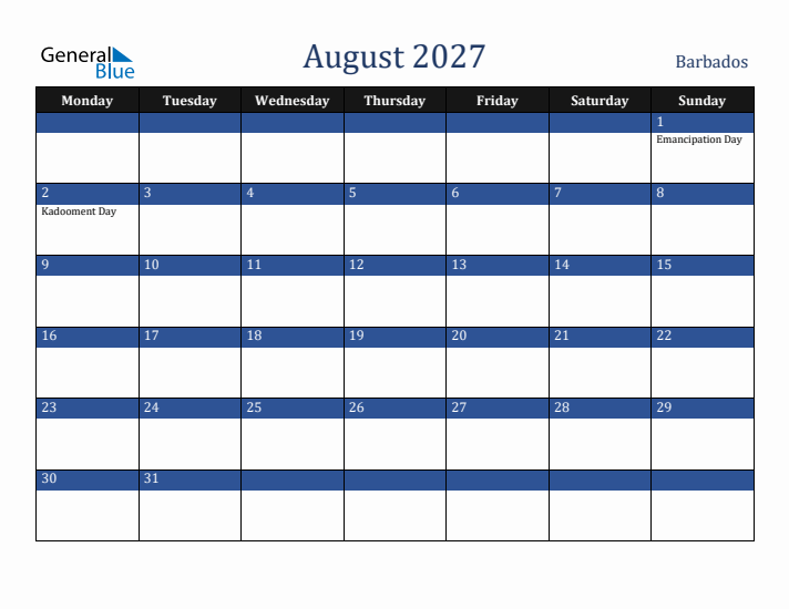 August 2027 Barbados Calendar (Monday Start)