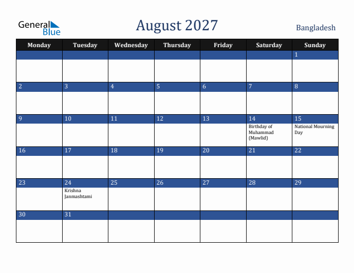 August 2027 Bangladesh Calendar (Monday Start)
