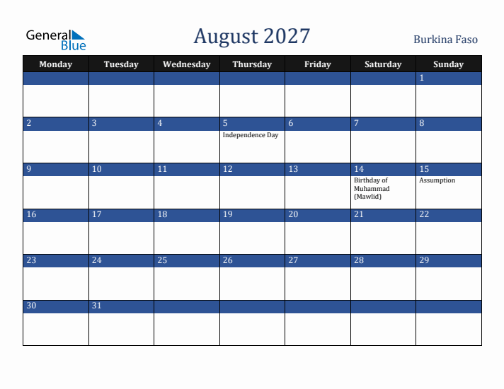 August 2027 Burkina Faso Calendar (Monday Start)