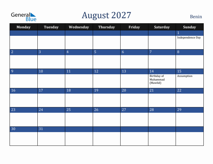 August 2027 Benin Calendar (Monday Start)