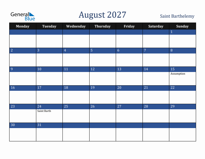 August 2027 Saint Barthelemy Calendar (Monday Start)