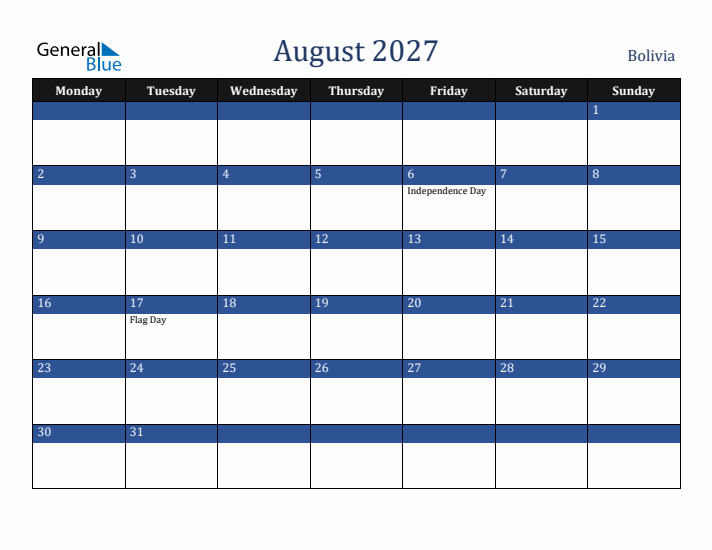 August 2027 Bolivia Calendar (Monday Start)