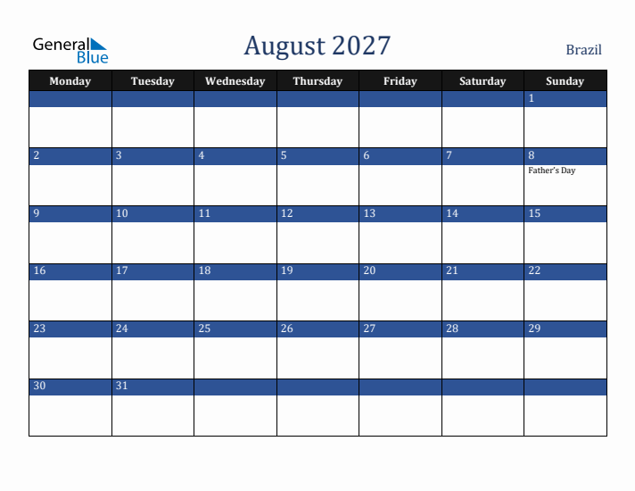 August 2027 Brazil Calendar (Monday Start)