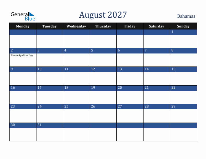 August 2027 Bahamas Calendar (Monday Start)