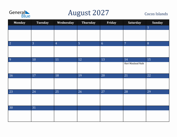 August 2027 Cocos Islands Calendar (Monday Start)