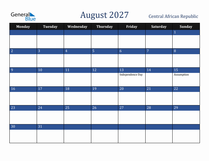 August 2027 Central African Republic Calendar (Monday Start)