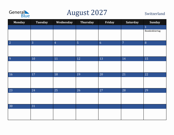 August 2027 Switzerland Calendar (Monday Start)
