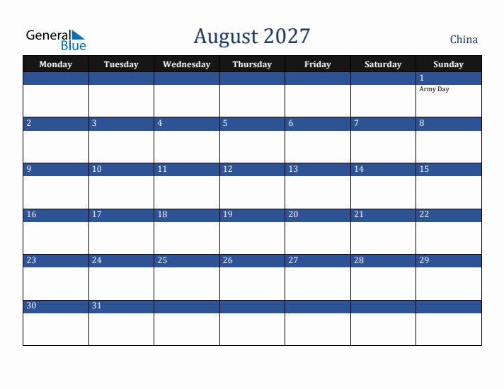 August 2027 China Calendar (Monday Start)