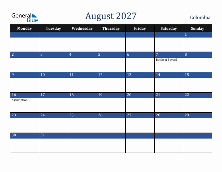 August 2027 Colombia Calendar (Monday Start)