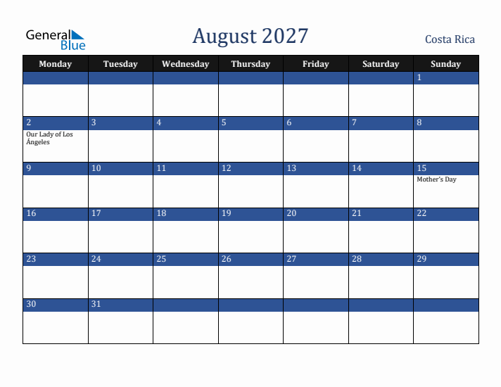 August 2027 Costa Rica Calendar (Monday Start)