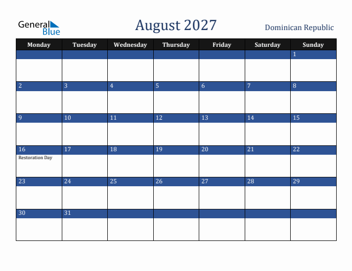 August 2027 Dominican Republic Calendar (Monday Start)