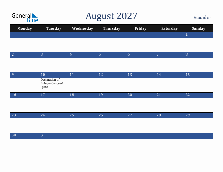 August 2027 Ecuador Calendar (Monday Start)