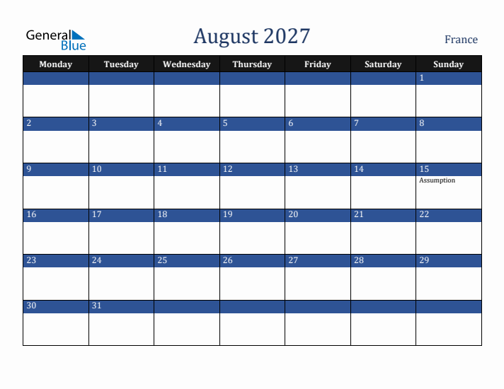 August 2027 France Calendar (Monday Start)