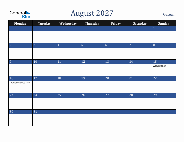 August 2027 Gabon Calendar (Monday Start)