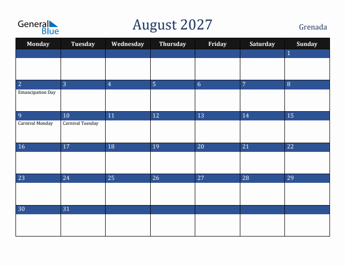 August 2027 Grenada Calendar (Monday Start)