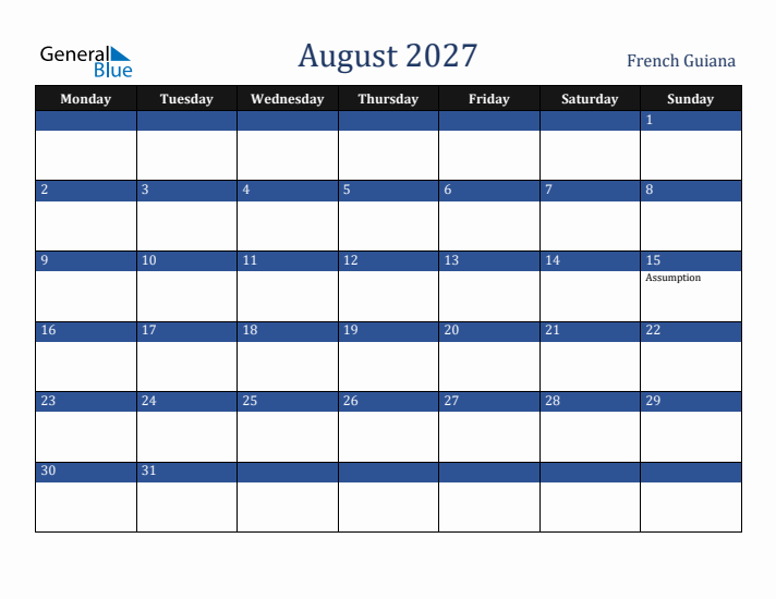 August 2027 French Guiana Calendar (Monday Start)