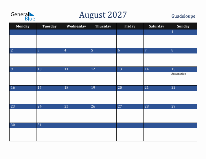 August 2027 Guadeloupe Calendar (Monday Start)