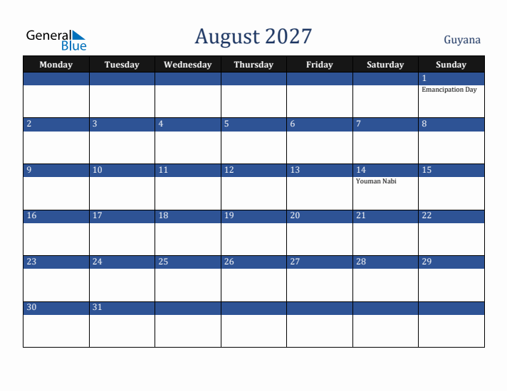 August 2027 Guyana Calendar (Monday Start)