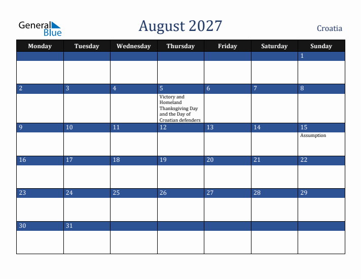 August 2027 Croatia Calendar (Monday Start)