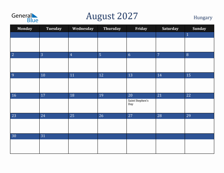 August 2027 Hungary Calendar (Monday Start)