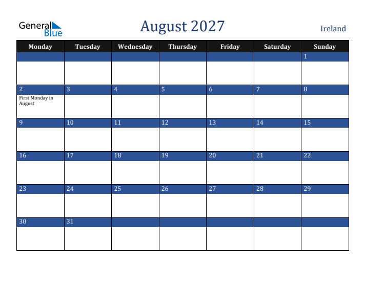 August 2027 Ireland Calendar (Monday Start)