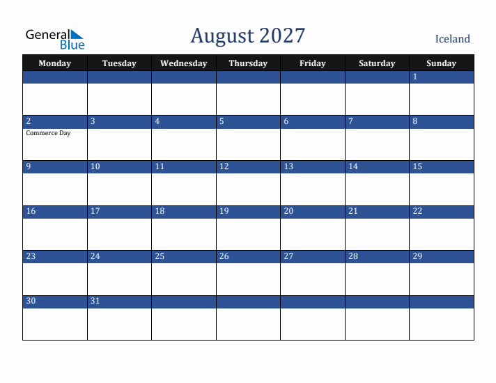 August 2027 Iceland Calendar (Monday Start)