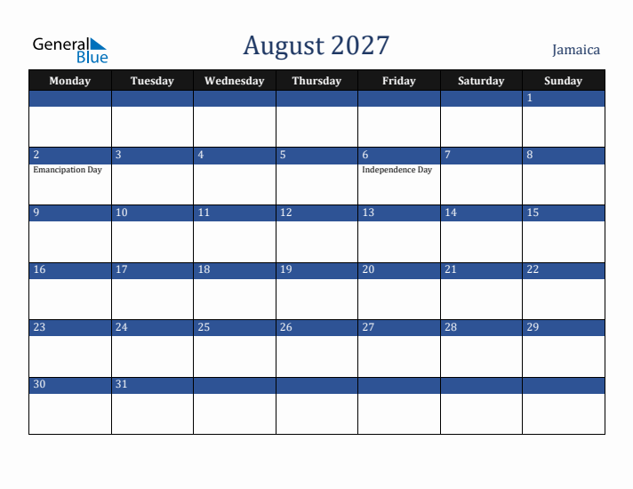 August 2027 Jamaica Calendar (Monday Start)